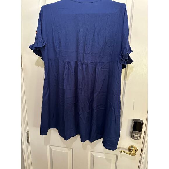 Solitaire Women's Blue Embroidered Ruffled Short Sleeve Tunic Mini Dress Size L - Picture 6 of 7